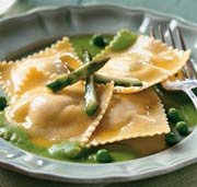 Asparagus and Ricotta Ravioli with Green Pea Sauce