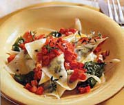Goat Cheese Arugula Ravioli with Tomato Pancetta Butter