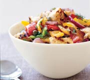 Grilled Panzanella Salad with Bell Peppers, Squash, and Tomatoes
