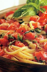 Linguine with Uncooked Tomato, Arugula, and Olive Sauce