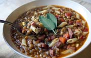 Pennette with Sausage, Red Onion, and Lentils